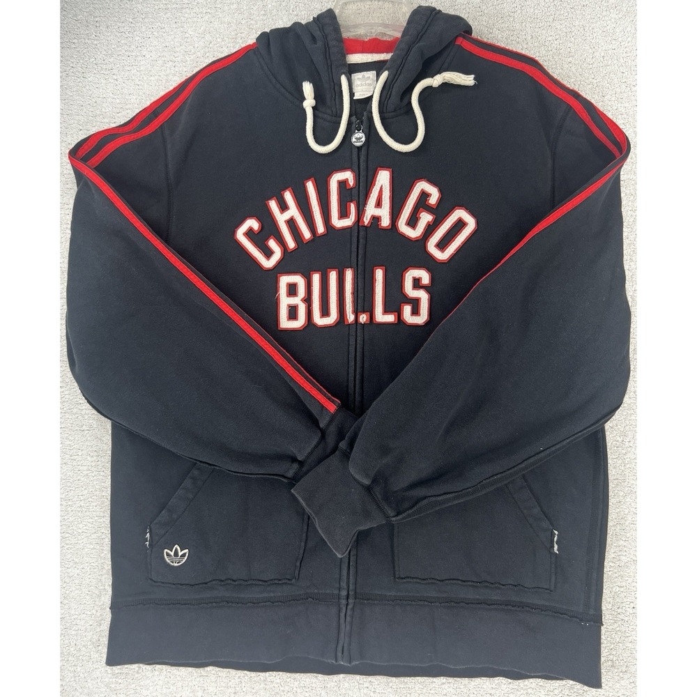 Chicago Bulls Adidas Hoodie Mens 2XL Black Red NBA Basketball 3 Stripes Zip EUC - Picture 3 of 16